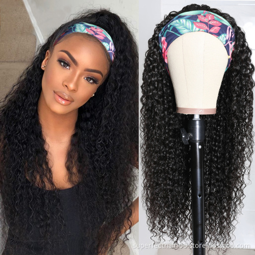 Wholesale Vendor Virgin Headband Wigs For Black Women Yaki Curly Water Loose Deep Wave Wig With Headband Attached Human Hair Wig